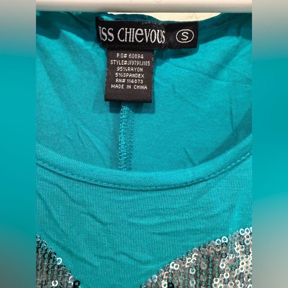 Miss Chievous Teal Sequin Heart Long Sleeve Top - Picture 2 of 6